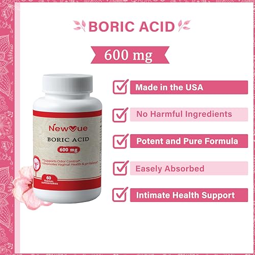 NewVue Boric Acid Vaginal Suppositories (600mg, 60 Count) Supports Vaginal pH Balance, Odor Control (USP Medical Grade Fine Powder, Easy Dissolve, Third Party Tested, Made in USA) - AB Mystery