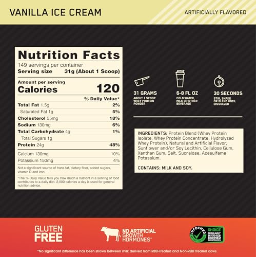 Optimum Nutrition Gold Standard 100% Whey Protein Powder, Vanilla Ice Cream, 10 Pound - AB Mystery