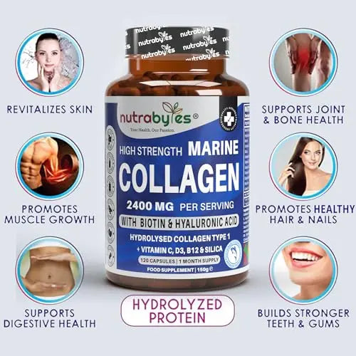 High Strength Marine Collagen 2400mg with Hyaluronic Acid 100mg, Biotin, Vitamin C, D3, B12 and Silica NUTRABYTES