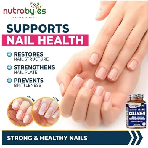 High Strength Marine Collagen 2400mg with Hyaluronic Acid 100mg, Biotin, Vitamin C, D3, B12 and Silica NUTRABYTES