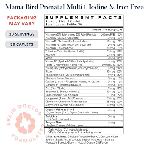 Best Nest Wellness Mama Bird Prenatal Vitamin Iron Free, No Iron or Iodine, Methylfolate Best Nest Wellness