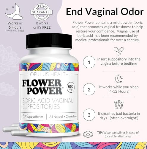 Flower Power Vegan Boric Acid Suppositories - 30 Capsules - 600mg for Vaginal Odor and pH Balance - AB Mystery