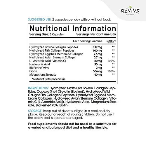 Multi Collagen Protein Capsules - Types I, II, III, V & X - Hydrolysed Grass Fed Bovine, Wild Caught Marine Revive Naturals