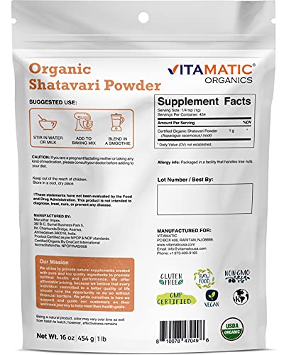 Vitamatic Certified USDA Organic Shatavari Powder 1 Pound (16 Ounce) - AB Mystery