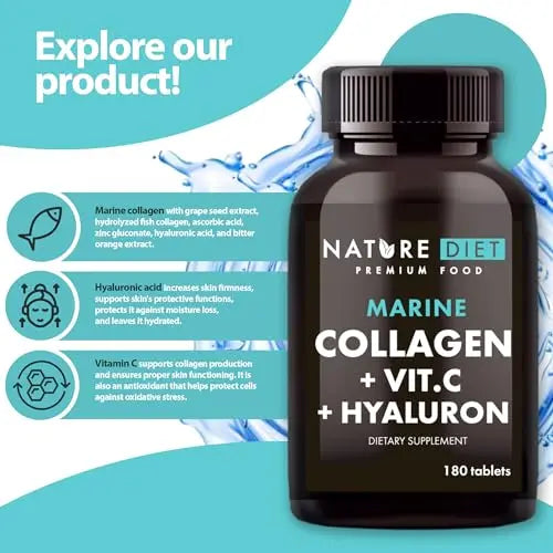 Nature Diet - Marine Collagen with Hyaluronic Acid and Vitamin C, 180 tablets, 500 mg , Peptan F , Fish Collagen Nature Diet