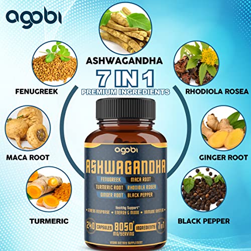 240 Capsules - 8 Month Supply - 7in1 Ashwagandha 8050mg - Combined With Fenugreek - AB Mystery