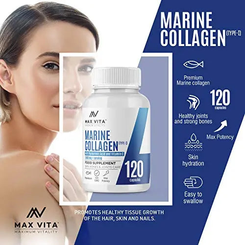 Marine Collagen Type 1 2400mg - 120 Capsules Supplement with Hyaluronic Acid and Vitamin C - AB Mystery
