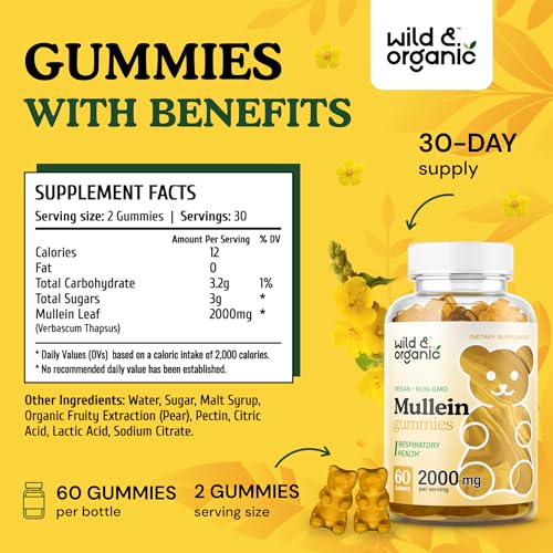 Wild & Organic Mullein Gummies - Daily Dietary Supplement for Respiratory, Digestive - AB Mystery