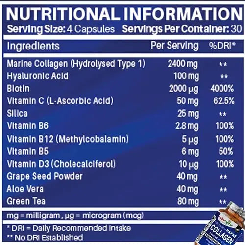High Strength Marine Collagen 2400mg with Hyaluronic Acid 100mg, Biotin, Vitamin C, D3, B12 and Silica NUTRABYTES