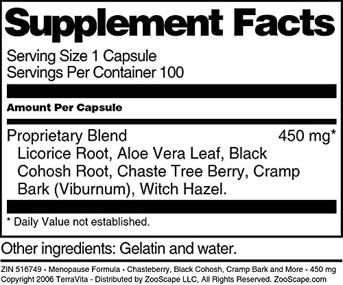 Menopause Formula - Chasteberry, Black Cohosh, Cramp Bark and More - 450 mg (100 Capsules) - AB Mystery