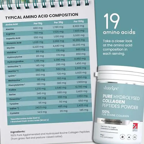 Bovine Collagen Peptides Powder 500g - 50 Servings - 100% Pure, Hydrolysed, Type 1 & 3-19 Amino Acids VitaBright