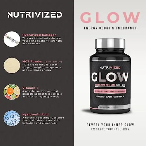 Nutrivized Glow Hydrolysed Type 1&3 Collagen with Premium Pure C8 MCT Oil - Vitamin C & Hyaluronic Acid - AB Mystery