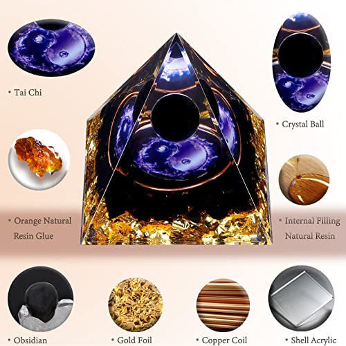 Yin Yang Healing Crystal Orgonite Pyramid - Tai Chi with Obsidian Ball - Taiji Reiki Chakra Meditation - AB Mystery