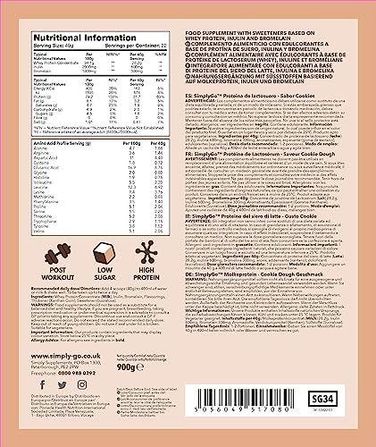 SimplyGo Whey Protein Powder | 900g | Simply Add 30g to Water, Juice or Shakes (Cookie Dough) Simply Supplements