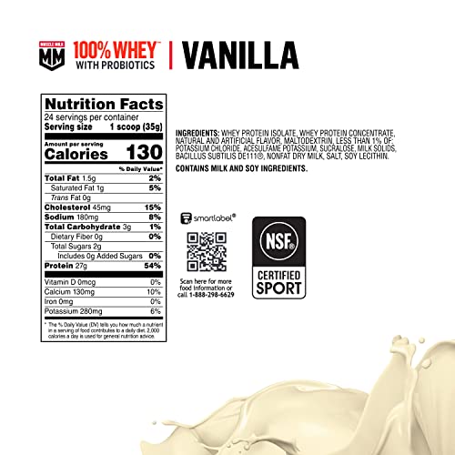 Muscle Milk 100% Whey With Probiotics Protein Powder, Vanilla, 1.85 Pound, 23 Servings - AB Mystery