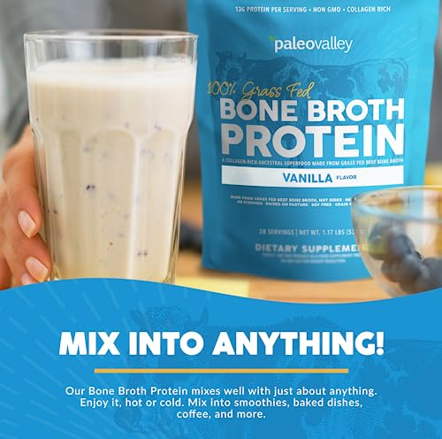 Paleovalley 100% Grass Fed Bone Broth Protein Powder - Vanilla - Rich in Collagen for Hair - AB Mystery