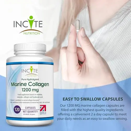 Marine Collagen 1200mg | 120 High Strength Collagen Capsules Hyaluronic Acid Supplements for Women & Men Incite Nutrition