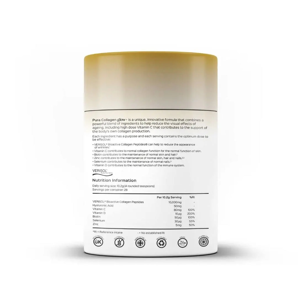 Pura Collagen Powdered Supplement Glow+, 10,000mg Hydrolysed Peptides, Hyaluronic Acid, Vitamins & Minerals, 28 Servings, 284 g Pura Collagen