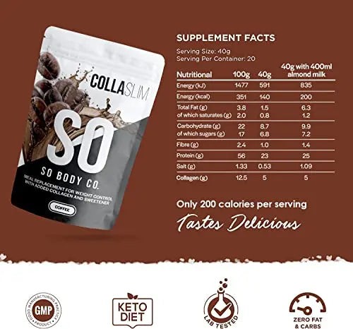 CollaSlim, Meal Replacement Shake with Added Collagen, Vitamins and Minerals, 800g, Balanced Meal Shake, Healthy Shake, Coffee Diet Shake. - AB Mystery