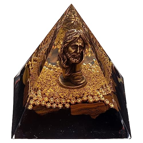 FENGSHUI-CAISHEN Mini Jesus Figurine in Healing Crystal Orgone Pyramid - Obsidian Tiger's Eye