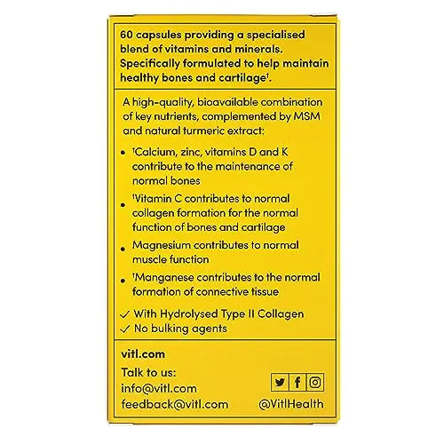 Vitl Bone & Joint Supplement - 60 Capsules - with Calcium, Manganese, Hydrolysed Type II Collagen & Turmeric - Maintenance for Joints, Bones - AB Mystery