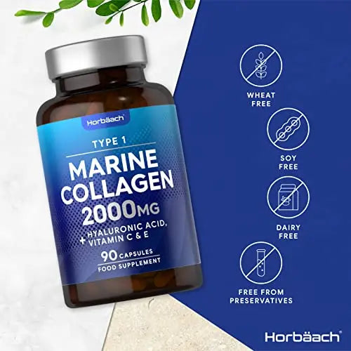 Marine Collagen Capsules | with Hyaluronic Acid, Vitamin C & E | 2000mg | High Strength Type 1 Collagen Horbäach
