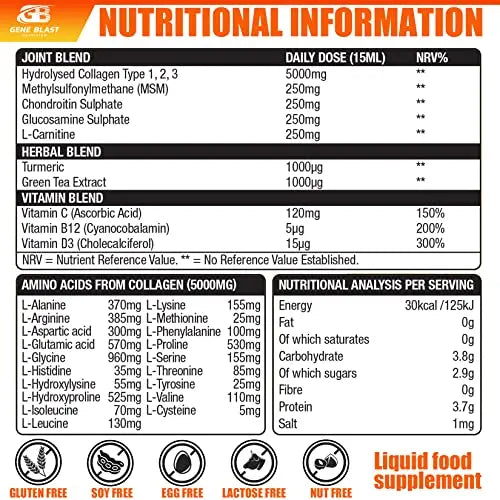 Gene Blast Body Flex, Liquid Joint Supplement w/Hydrolysed Collagen Type1 2 3 Plus Glucosamine - AB Mystery