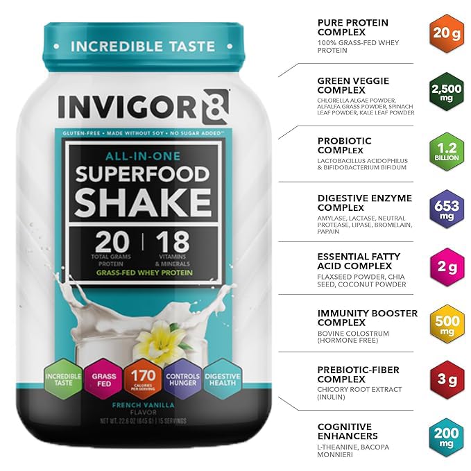 INVIGOR8 Superfood Grass Fed Whey Protein Isolate Shake French Vanilla Gluten-Free - AB Mystery