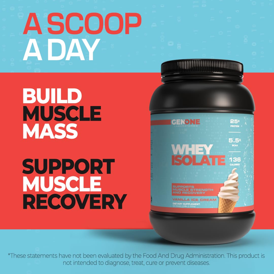 GenOne Whey Protein Powder Isolate, 25g Protein and 5.5g BCAAs per Serving, Vanilla Ice - AB Mystery
