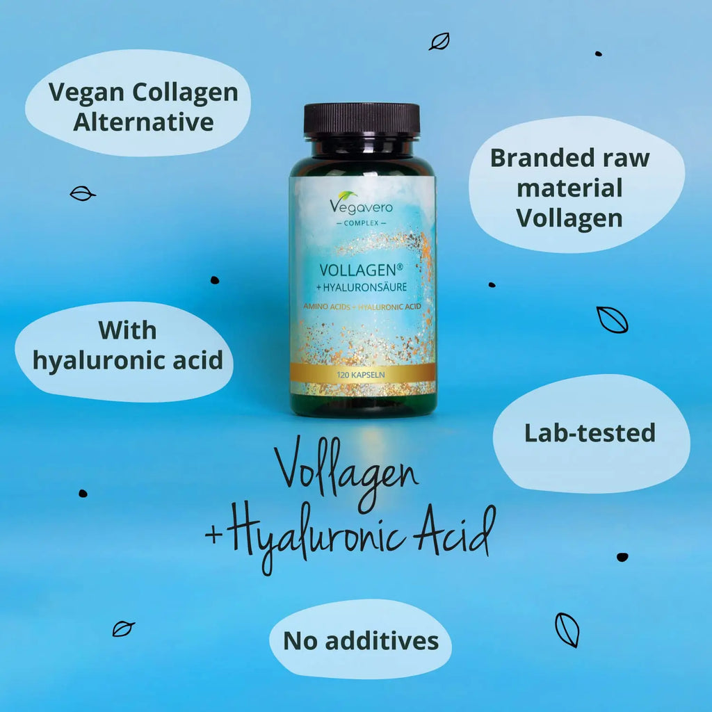 Vegavero Vegan Collagen Complex + Hyaluronic Acid | NO Additives | Vegan Collagen Powder Vollagen® | Essential Amino Acids | 120 Capsules Vegavero