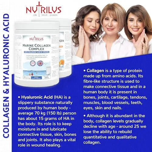 Hydrolysed Marine Collagen Powder 300g with Hyaluronic Acid and Vitamins - 29 Servings - AB Mystery