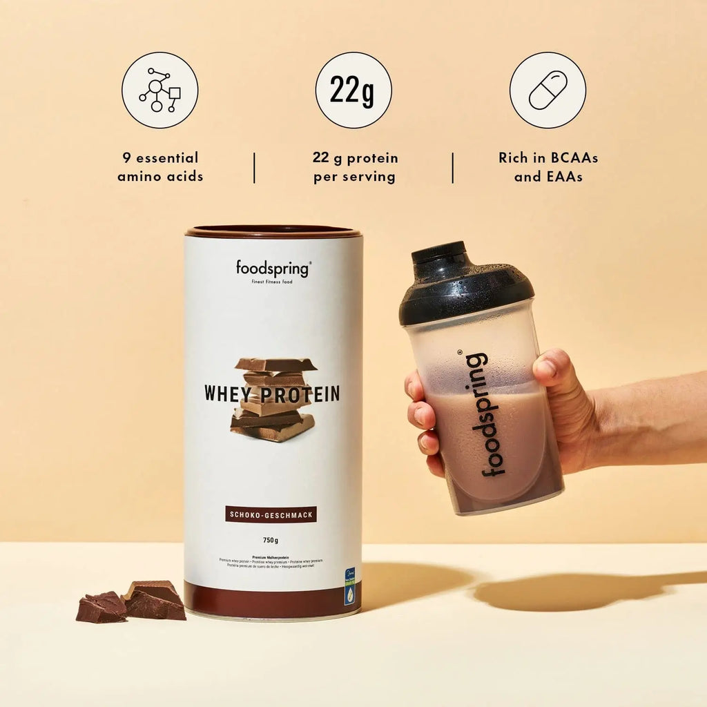 foodspring Whey Protein Powder Chocolate – with 22g Protein for Muscle Building, Perfect Solubility foodspring
