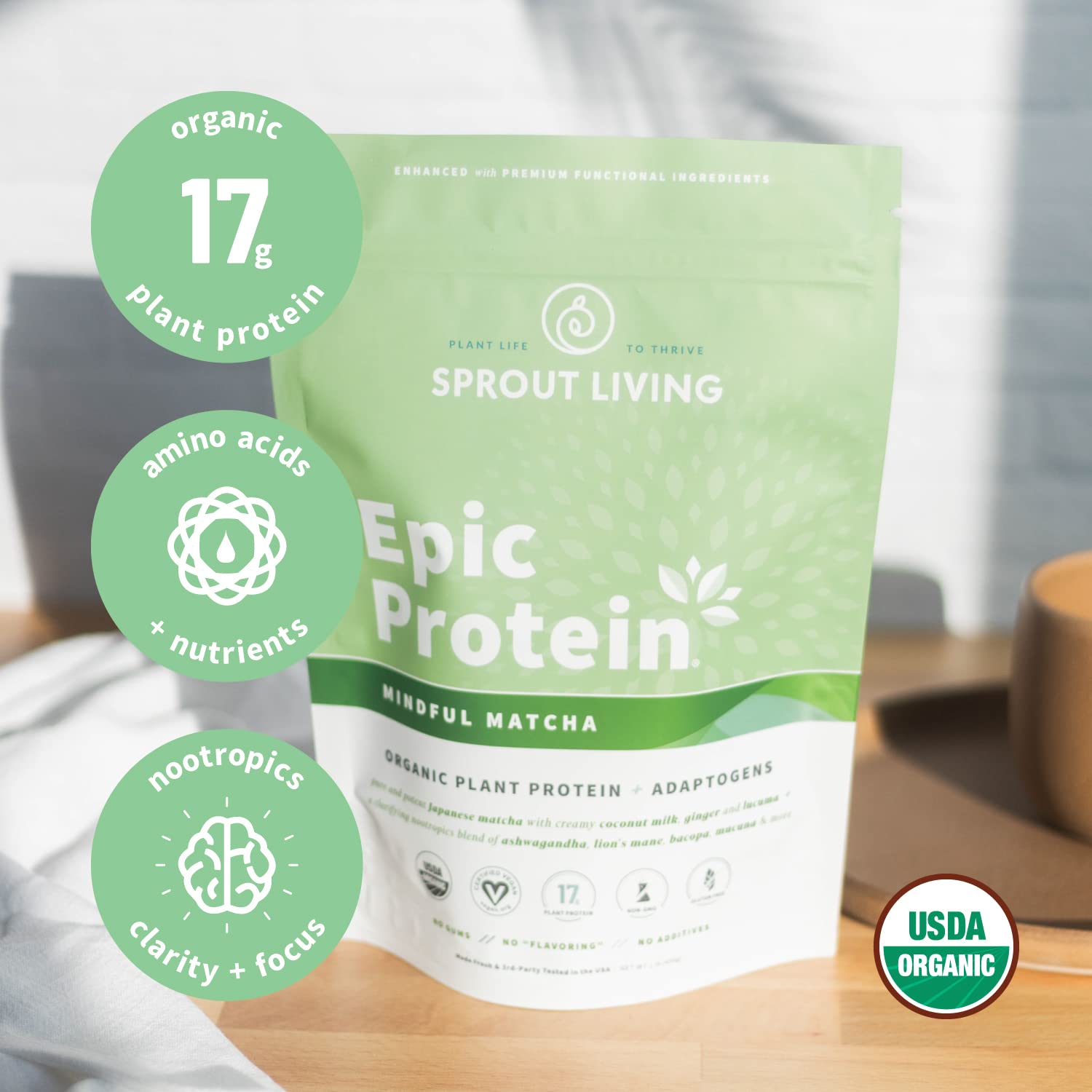 Sprout Living Epic Protein, Plant Based Protein & Superfoods Powder, Mindful Matcha - AB Mystery