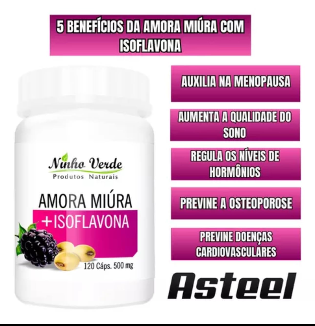 Ninho Verde Amora Miura + Isoflavona 500Mg (120 Capsules) Imported from Brazil | Morus + Glycine max L - AB Mystery
