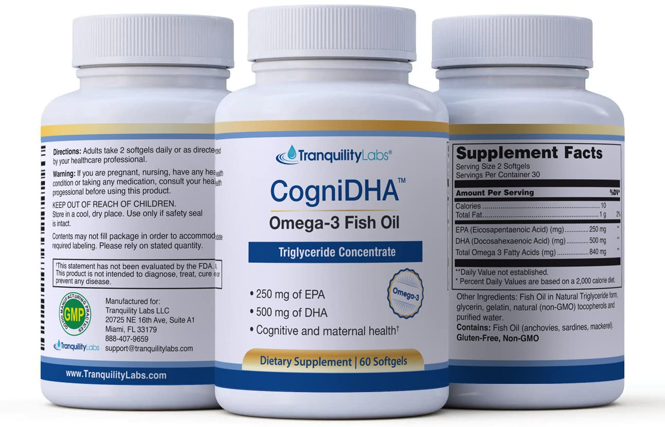 High DHA Omega 3 Fish Oil - CogniDHA - Pharmaceutical Grade - 840 mg Omega-3s - Supercritical CO2 Tranquility Labs