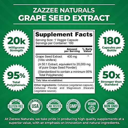 Zazzee High Strength Grape Seed 50:1 Extract, 20,000 mg Strength, 180 Vegan Capsules - AB Mystery