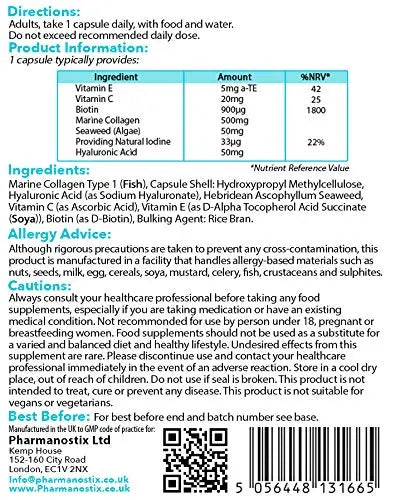 Marine Collagen with Hyaluronic Acid & Seaweed - 60 Capsules - Skin, Hair & Nails Formula - AB Mystery