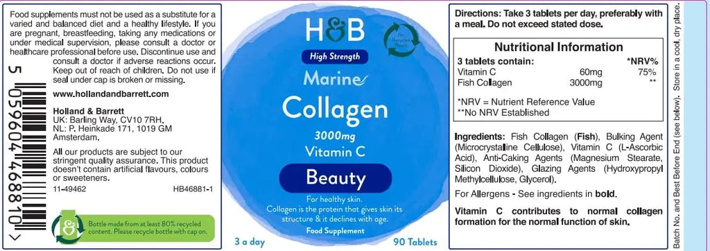 Holland and Barrett Marine Collagen with Vitamin C 3000mg 90 Tablets - AB Mystery