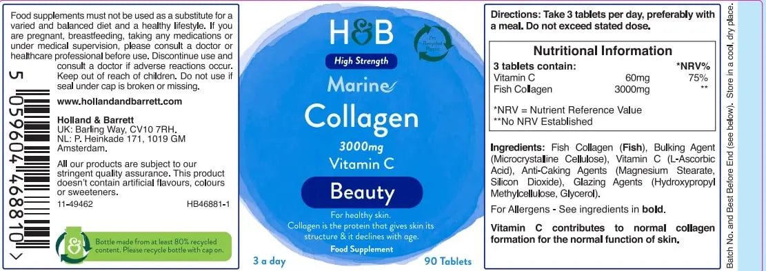 Holland and Barrett Marine Collagen with Vitamin C 3000mg 90 Tablets - AB Mystery