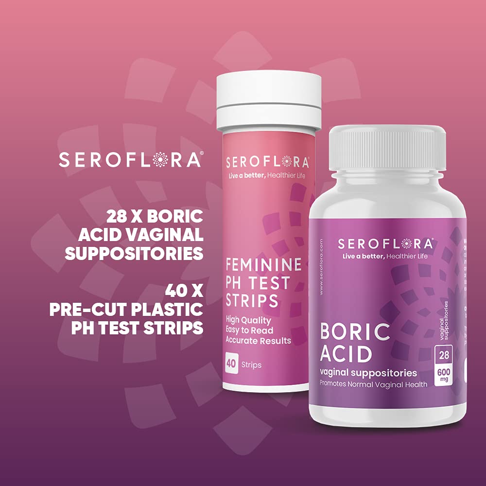 Seroflora Boric Acid Vaginal Suppositories 600mg (28ct) & 40 pH Test Strips for Women - AB Mystery