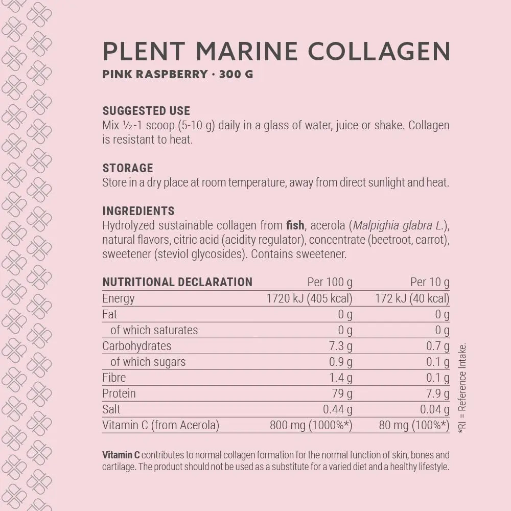 Plent Pure Marine Collagen Pink Raspberry - Stay Beautiful - 5G Daily - Collagen Peptides - 300g Plent