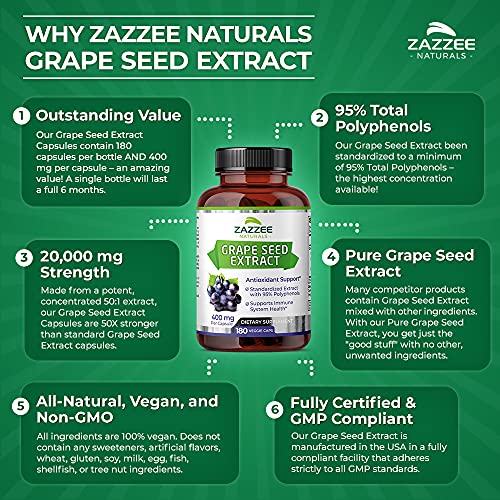Zazzee High Strength Grape Seed 50:1 Extract, 20,000 mg Strength, 180 Vegan Capsules - AB Mystery
