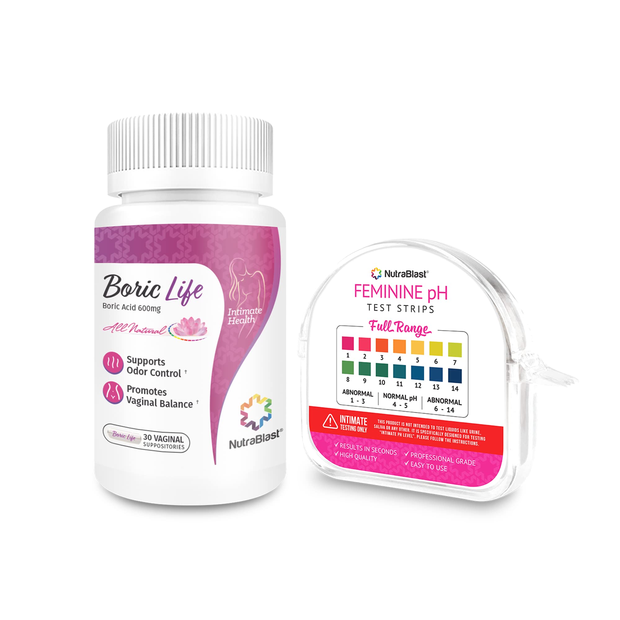 NutraBlast Boric Acid Vaginal Suppositories 600mg (30 Count) & Feminine pH Test Strips 1-14 (100-Tests Roll)