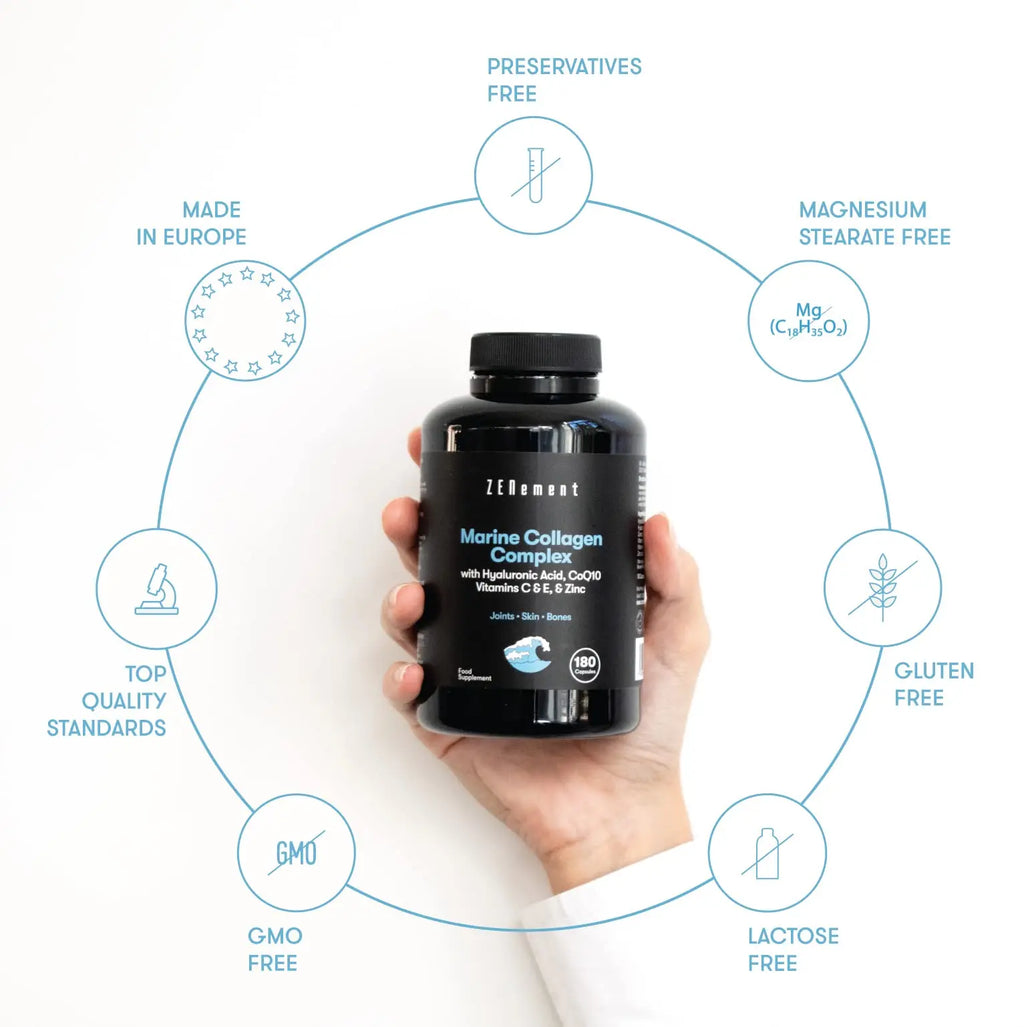 Marine Collagen Complex, with Hyaluronic Acid, CoQ10, Vitamins C & E, & Zinc, 180 Capsules - AB Mystery