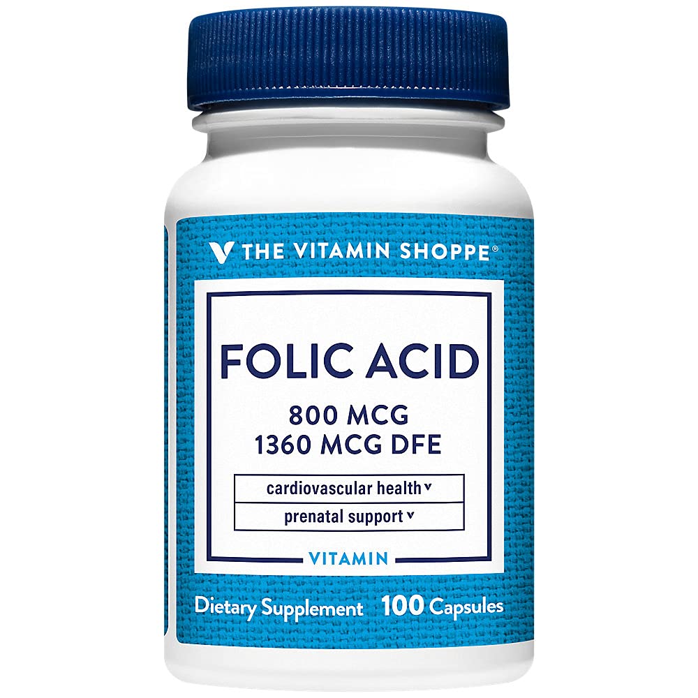 The Vitamin Shoppe Folic Acid 800MCG, Supports Prenatal & Fetal Development (100 Capsules)