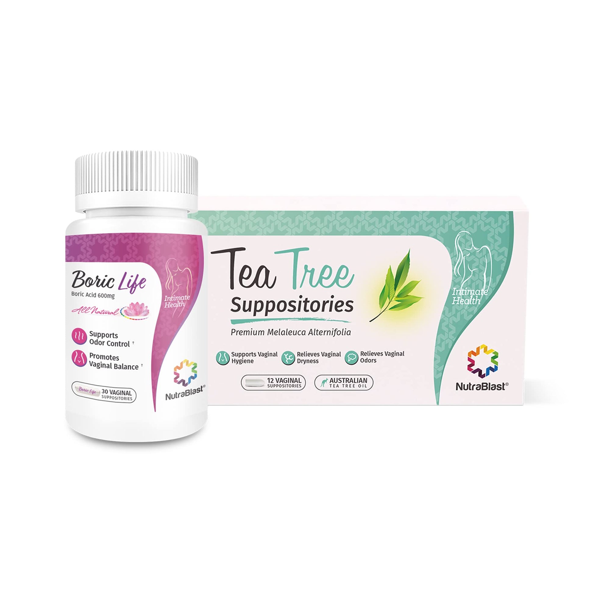 NutraBlast Boric Acid Vaginal Suppositories 600mg (30 Count) w/Tea Tree Oil Suppositories (12 Count)