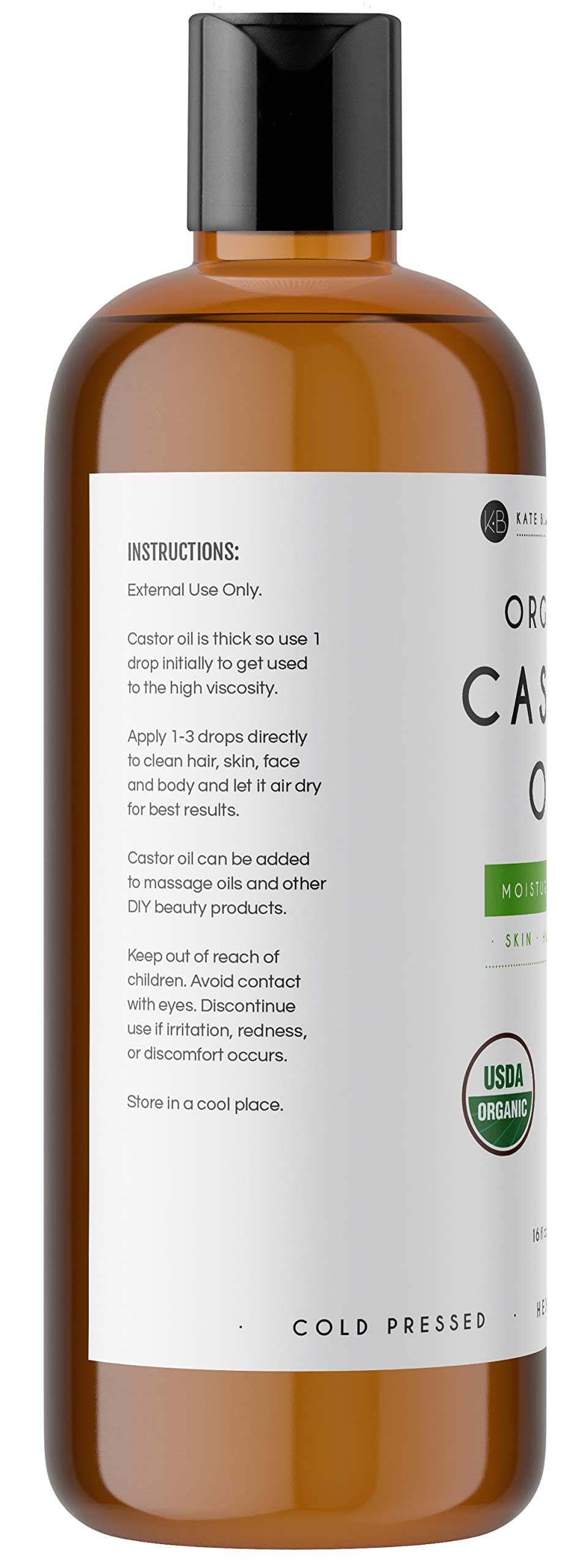 Kate Blanc Cosmetics Castor Oil 16oz - USDA Certified Organic. Cold-Pressed, 100% Pure - AB Mystery