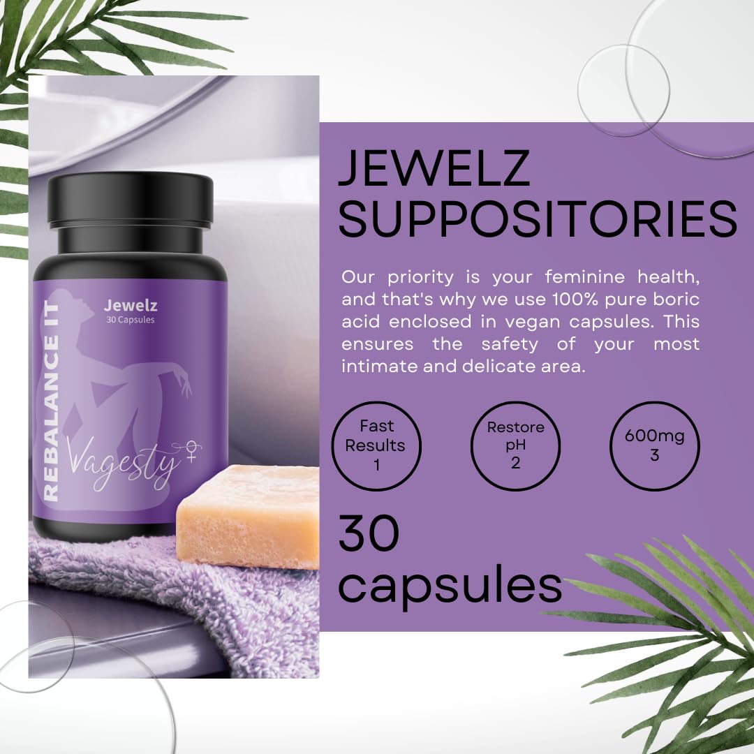Vagesty Jewelz boric Acid Vaginal Suppositories, 100% Pure boric Acid, rebalance Vaginal pH - AB Mystery