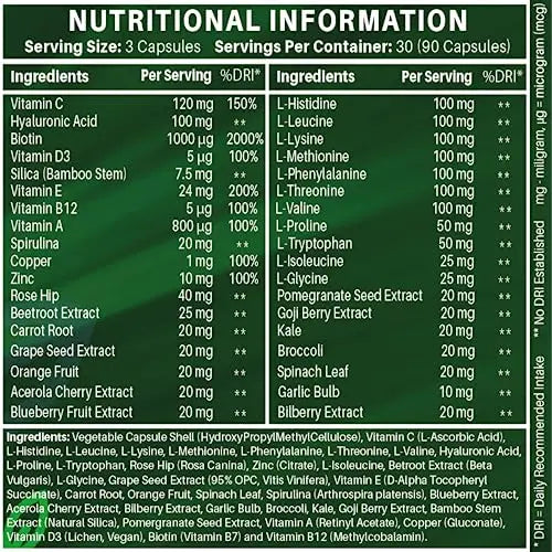 Vegan Collagen Supplement For Skin, Hair, Nails, Joints & Bones with Hyaluronic Acid, Biotin, Lysine, Bamboo Silica, Zinc, Vitamin C, D3, B12, E - AB Mystery