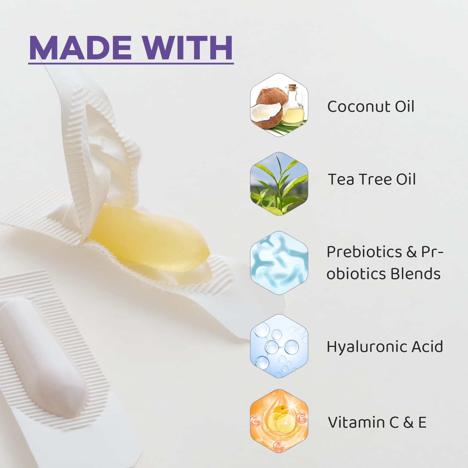 Vaginal Probiotic Suppositories, Prebiotic Infused with Hyaluronic Acid, Tea Tree, and Vitamin C&E - AB Mystery